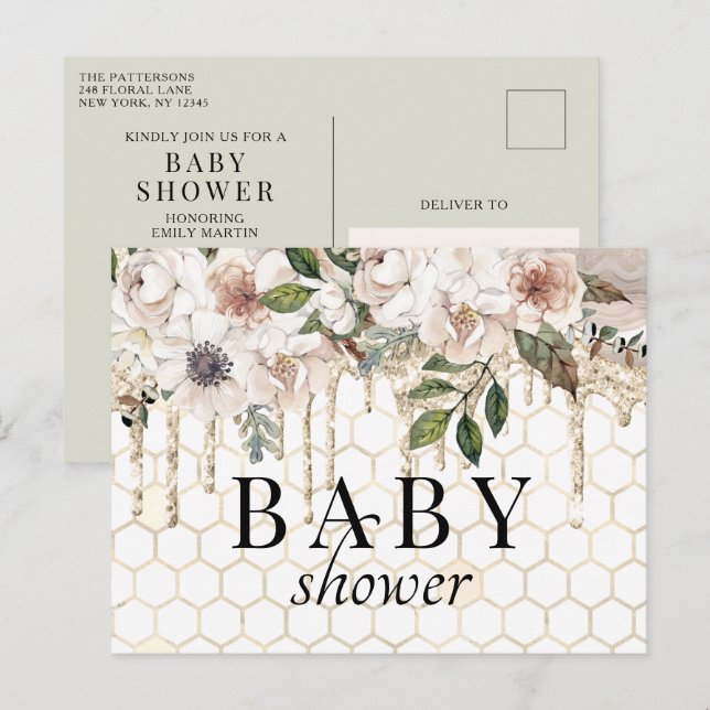 Floral Glitzer Tropfen Marble Baby Dusche Postkarte (Vorne/Hinten)