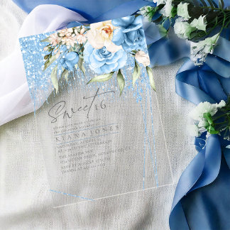 Floral Glitzern 16 . Geburtstag Blue ID912 Acryleinladungen