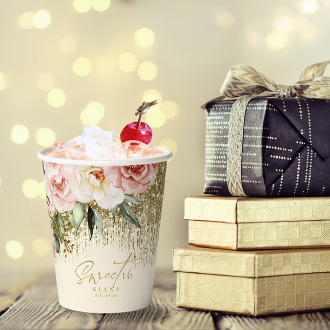 Floral Glitzern 16 . Geburtstag Gold ID912 Pappbecher (Von Creator hochgeladen)