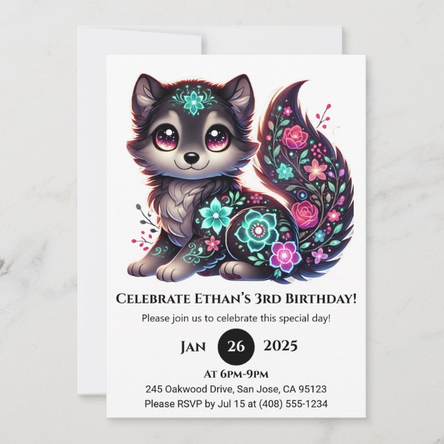 Floral Glow Wolf Birthday Einladung (Vorderseite)