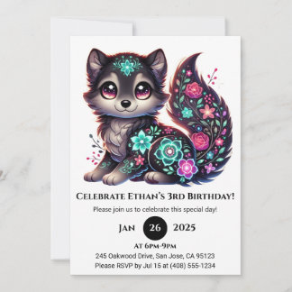 Floral Glow Wolf Birthday Einladung
