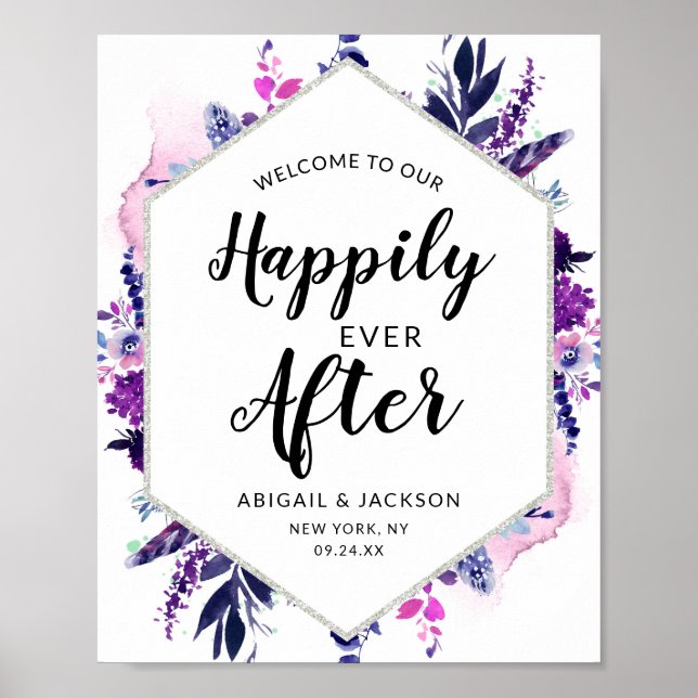 Floral glücklich immer nach Hochzeit Empfang Zeich Poster (Vorne)