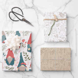 Floral Gnome 3 Pack Geschenkwrap Geschenkpapier Set
