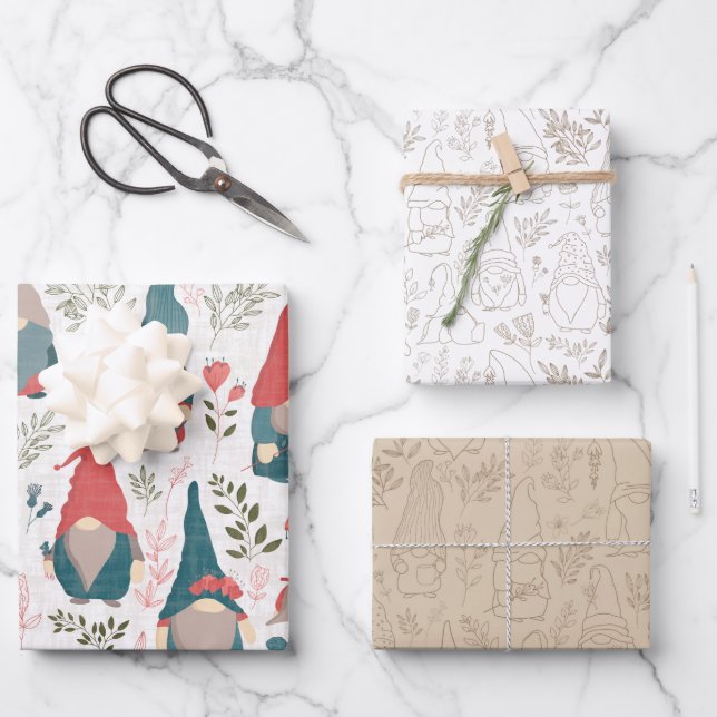 Floral Gnome 3 Pack Geschenkwrap Geschenkpapier Set (Vorderseite)