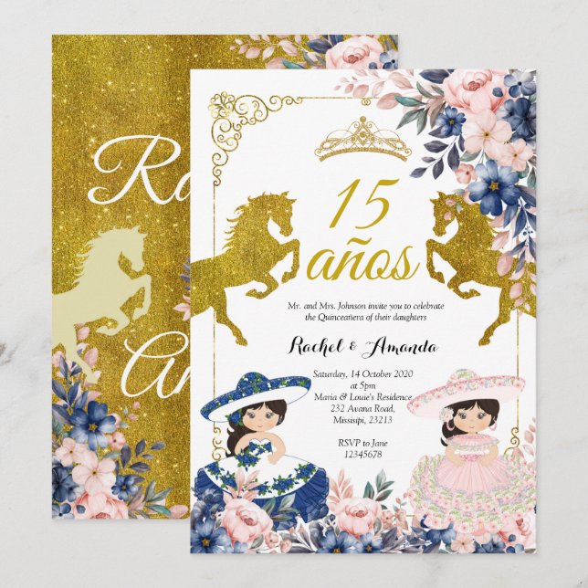 Floral Gold 15 años Twin Quinceañera Einladung (Vorne/Hinten)