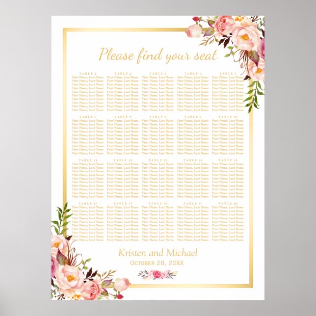 Floral Gold | 20 Hochzeitstabellen Poster (Vorne)