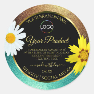Floral Gold Aquamarin Glitzer Black Product Labels Runder Aufkleber