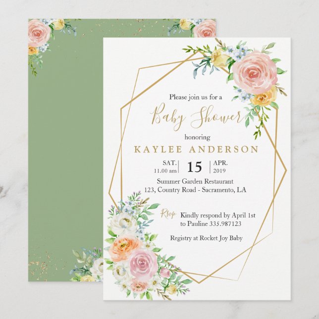 Floral gold Baby Duschkarte Einladung (Vorne/Hinten)