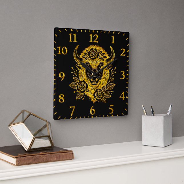 Floral Gold Bison Head Deco Quadratische Wanduhr (Büro)