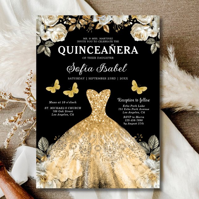 Floral Gold Black Butterfly Princess Quinceanera Einladung (Von Creator hochgeladen)