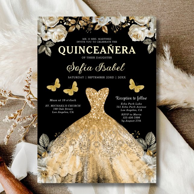 Floral Gold Black Butterfly Princess Quinceanera Folieneinladung (Von Creator hochgeladen)
