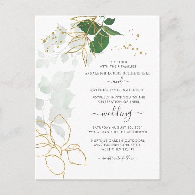 Floral Gold Blätter Glitzer Script Wedding Einladungspostkarte (Vorderseite)