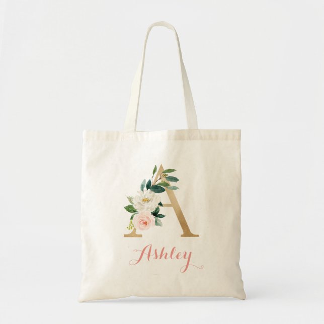 Floral Gold Blush Lettre personnalisée "A" Sac fou (Devant)
