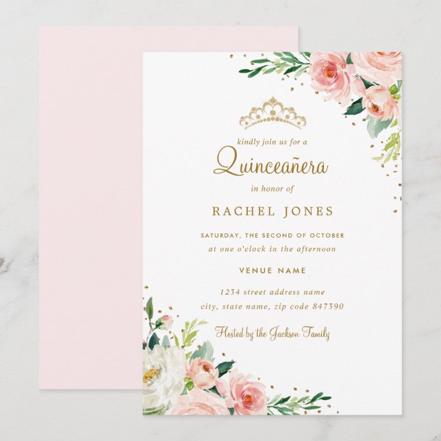 Floral Gold Blush Quinceanera Einladung (Vorne/Hinten)