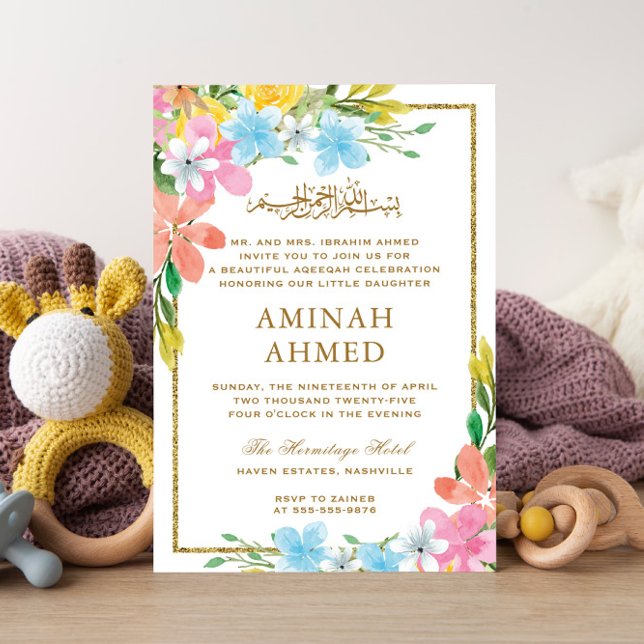 Floral Gold Border Islamic Aqiqa Aqeeqa Baby Einladung (Von Creator hochgeladen)