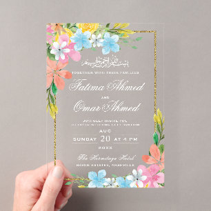Floral Gold Border White Islamic Muslim Hochzeit Acryleinladungen