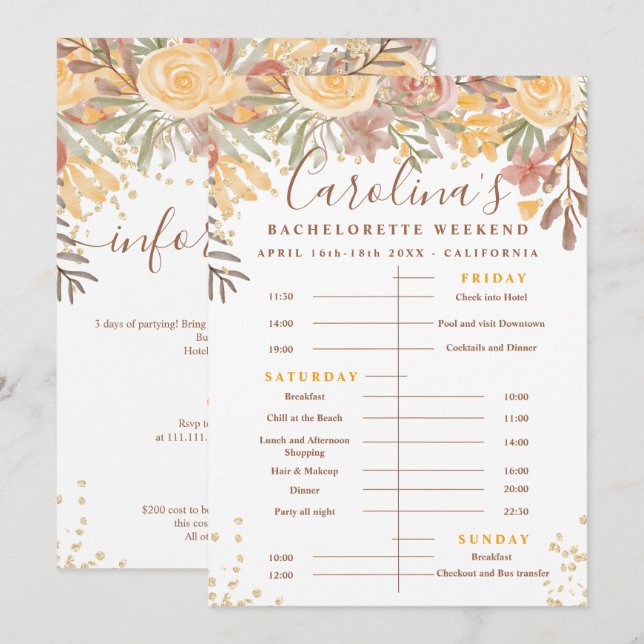 Floral gold braune Zeitlinie Bachelorette Wochenen Einladung (Vorne/Hinten)