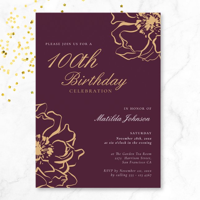 Floral Gold Burgund 100. Geburtstag Einladung (Floral Gold Burgundy 100th Birthday Invitation)