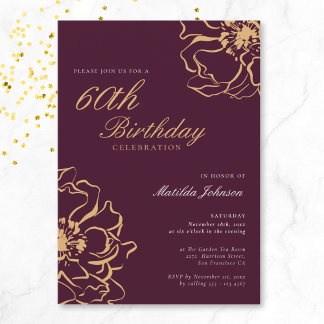 Floral Gold Burgund 60. Geburtstag Einladung