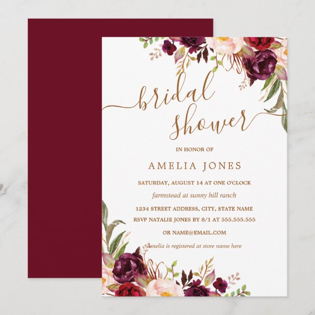 Floral Gold Burgundy Confetti Brautparty Einladung (Vorne/Hinten)