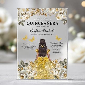 Floral Gold Butterfly Princess Quinceanera Acryleinladungen