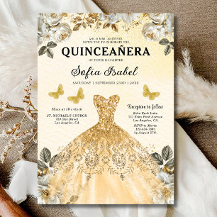 Floral Gold Butterfly Princess Quinceanera Einladung