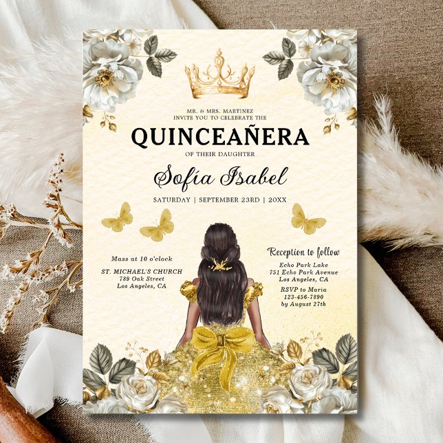 Floral Gold Butterfly Princess Quinceanera Einladung (Von Creator hochgeladen)