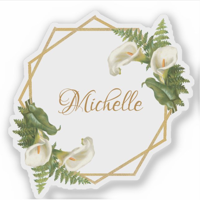 Floral Gold Calla Lilies Girly Name Geometric Aufkleber (Vorderseite)