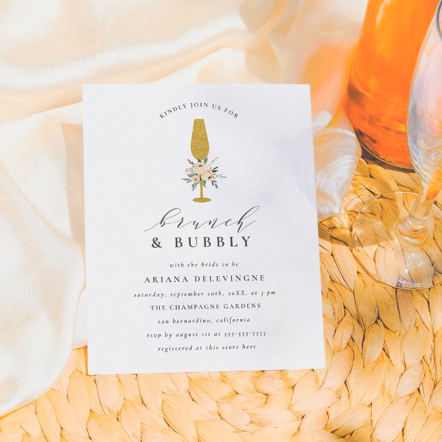 Floral Gold Champagne Flute Bridal Brunch & Bubbly Einladungspostkarte (Von Creator hochgeladen)