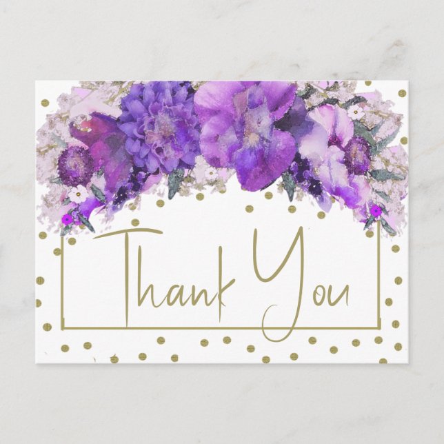 Floral Gold Confetti Lila Vielen Dank Postkarte (Vorderseite)