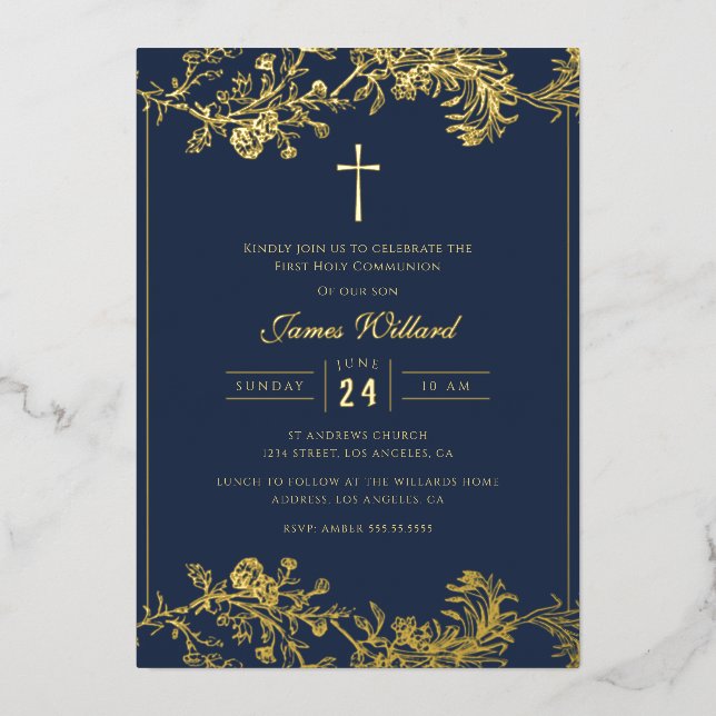 Floral Gold Cross Marine Boys Erste Kommune Folieneinladung (Vorderseite)