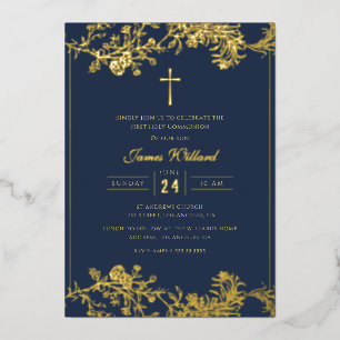 Floral Gold Cross Marine Jungen Erstkommunion Folieneinladung