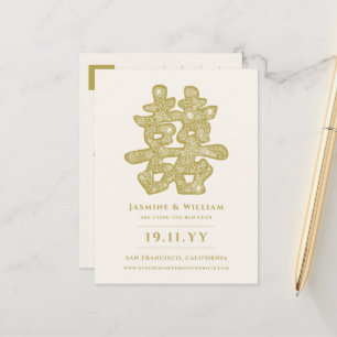 Floral Gold Double Happy Chinesisch Save the Date Ankündigungspostkarte