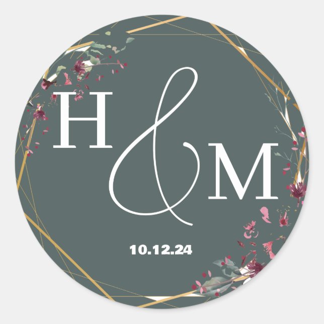 Floral Gold Elegante Moderne Mit Monogramm Hochzei Runder Aufkleber (Vorderseite)