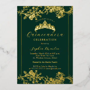 Floral Gold Emerald Vintag Quinceanera Folieneinladung