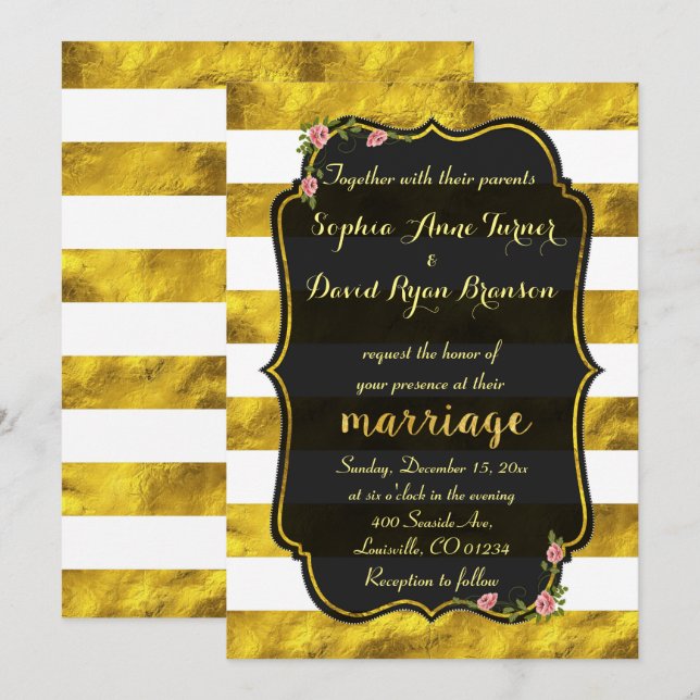 Floral Gold Foil Streifen Black Wedding Einladung (Vorne/Hinten)