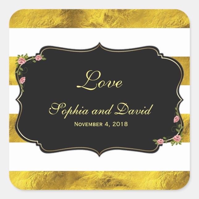 Floral Gold Foil Weiße Streifen Hochzeit Custom Quadratischer Aufkleber (Vorderseite)
