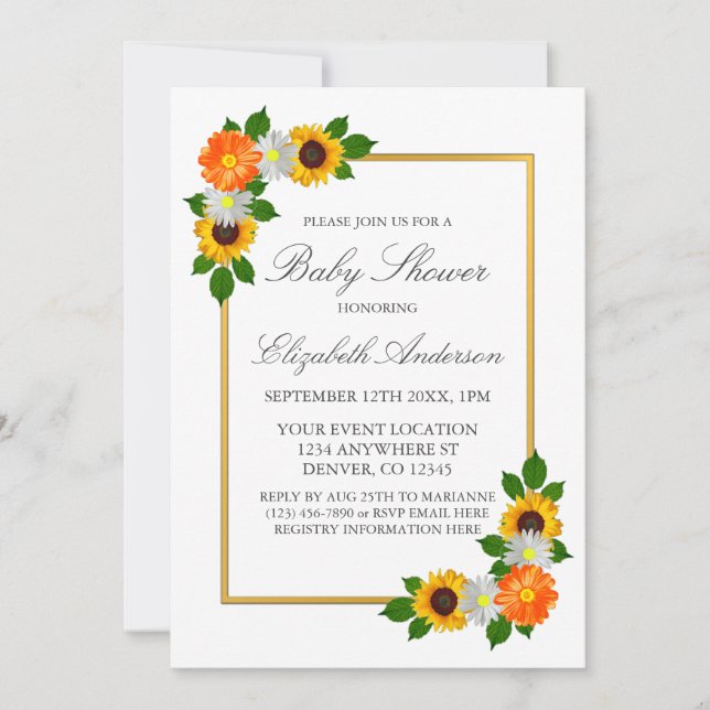 Floral Gold Frame Baby Dusche Einladung (Vorderseite)