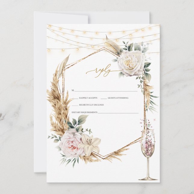Floral Gold Frame Champagne Glass Wedding RSVP Einladung (Vorderseite)