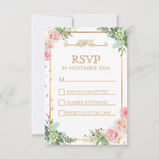 Floral Gold Frame islamische Hochzeit RSVP Karte (Vorderseite)