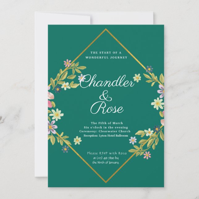 Floral Gold Geometric Minimalistisch Green Wedding Einladung (Vorderseite)