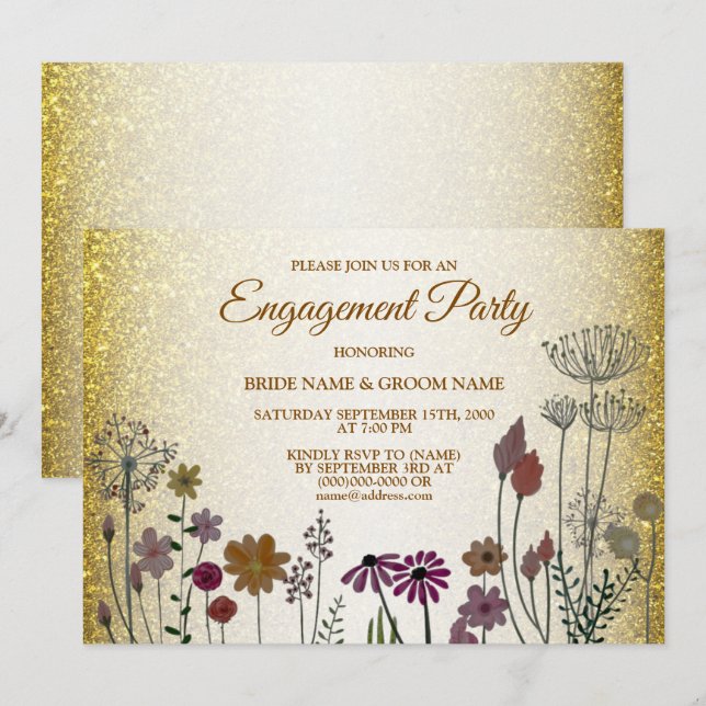 Floral Gold Glitter Wedding Engagement Party Einladung (Vorne/Hinten)