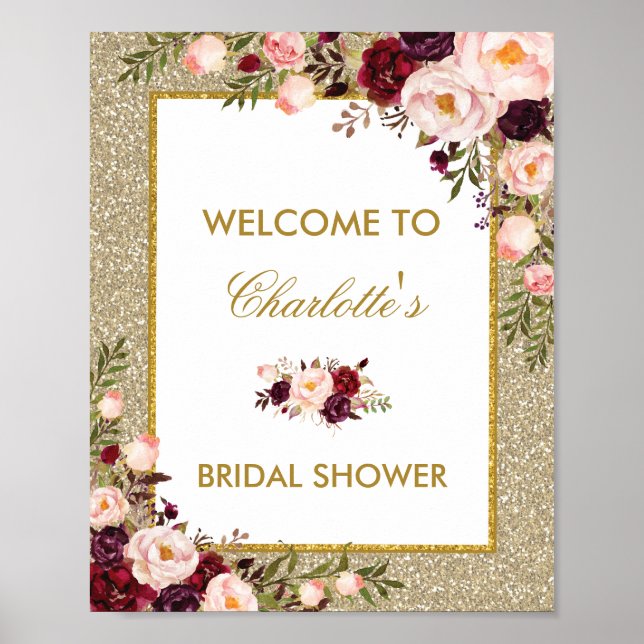 Floral Gold Glitzer Brautparty Begrüßungszeichen Poster (Vorne)