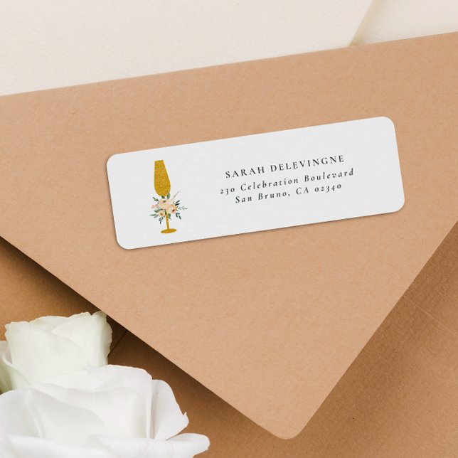 Floral Gold Glitzer Champagne Flute Rücksendeadres (Return Address Label Mock-up)