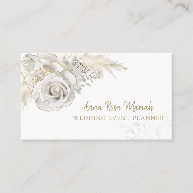 *~* Floral Gold Glitzer Weiße Rose Blume Elegant  Visitenkarte (Vorderseite)