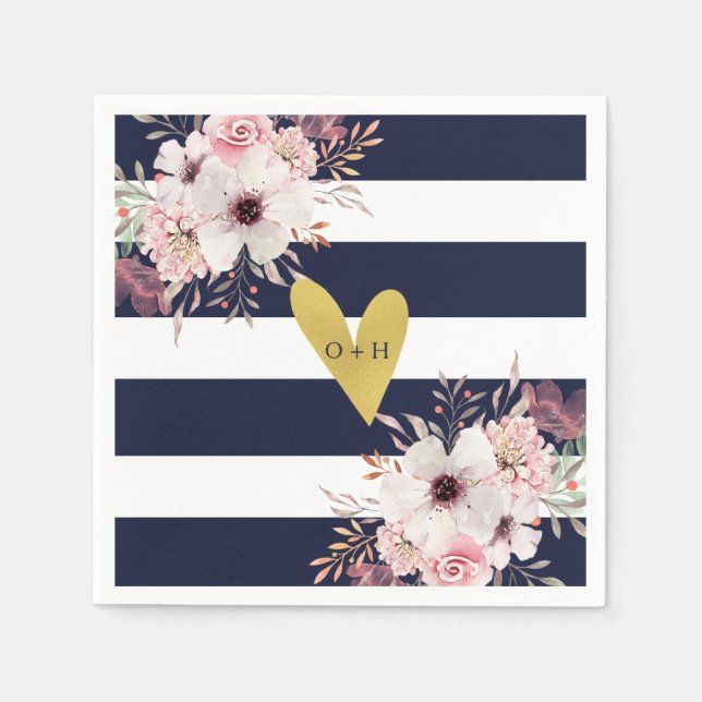 Floral Gold Heart Navy Weißbuch Hochzeitsbuch Napk Serviette (Vorderseite)
