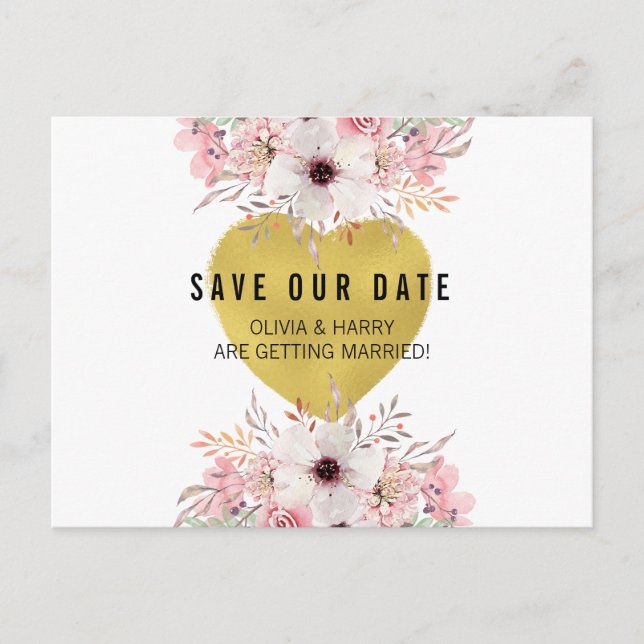 Floral Gold Heart | Save the Date Postkarte (Vorderseite)