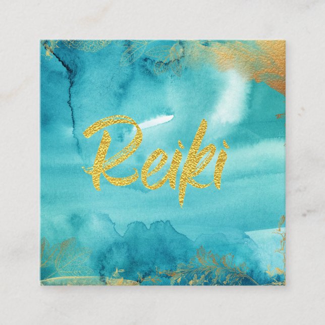 *~* Floral Gold Heiler Aqua Reiki Energie Quadratische Visitenkarte (Vorderseite)