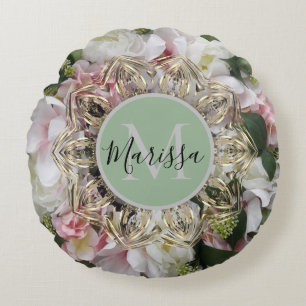 Floral Gold Hexagon Mandala Monogram Round Pillow Rundes Kissen