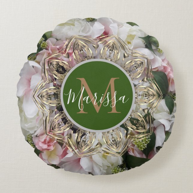 Floral Gold Hexagon Mandala Monogram Round Pillow Rundes Kissen (Vorderseite)